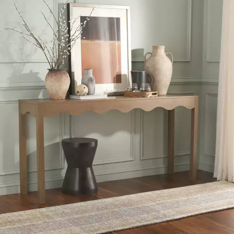 Console ondulata – Finitura naturale da 160 cm, pino e MDF, gambe a forcina, capacità 18 kg