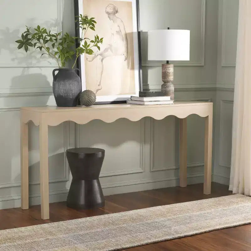 Console ondulata – Finitura naturale da 160 cm, pino e MDF, gambe a forcina, capacità 18 kg