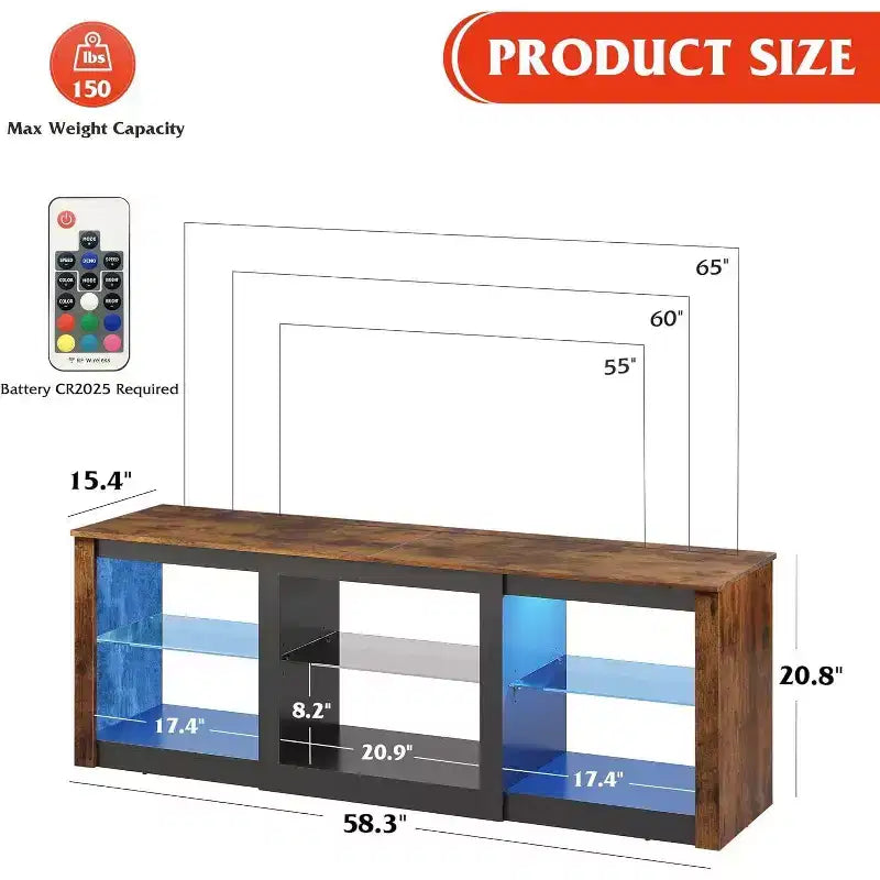 Mobile TV da 58" con luci LED per TV fino a 65" – Bianco, Ripiani in Vetro, Centro Intrattenimento