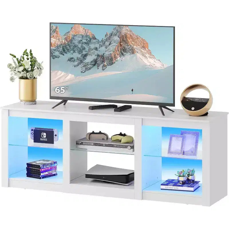 Mobile TV da 58" con luci LED per TV fino a 65" – Bianco, Ripiani in Vetro, Centro Intrattenimento