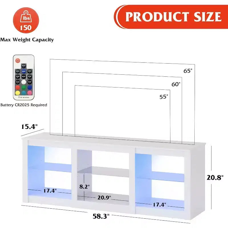 Mobile TV da 58" con luci LED per TV fino a 65" – Bianco, Ripiani in Vetro, Centro Intrattenimento