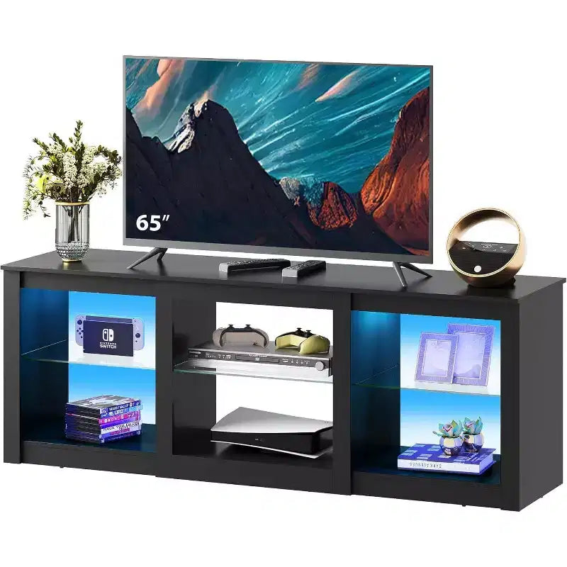 Mobile TV da 58" con luci LED per TV fino a 65" – Bianco, Ripiani in Vetro, Centro Intrattenimento
