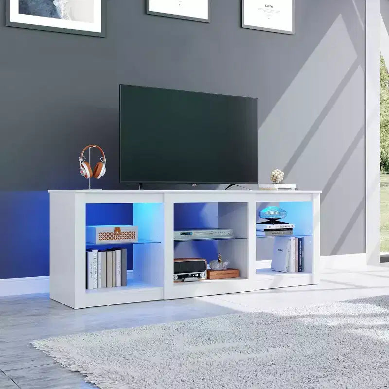 Mobile TV da 58" con luci LED per TV fino a 65" – Bianco, Ripiani in Vetro, Centro Intrattenimento