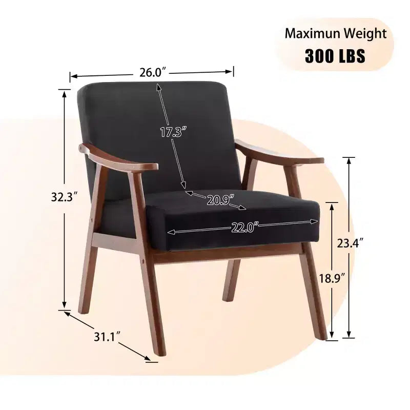Poltrona di design Mid-Century – Rivestimento in velluto, struttura in legno di gomma, capacità 136 kg