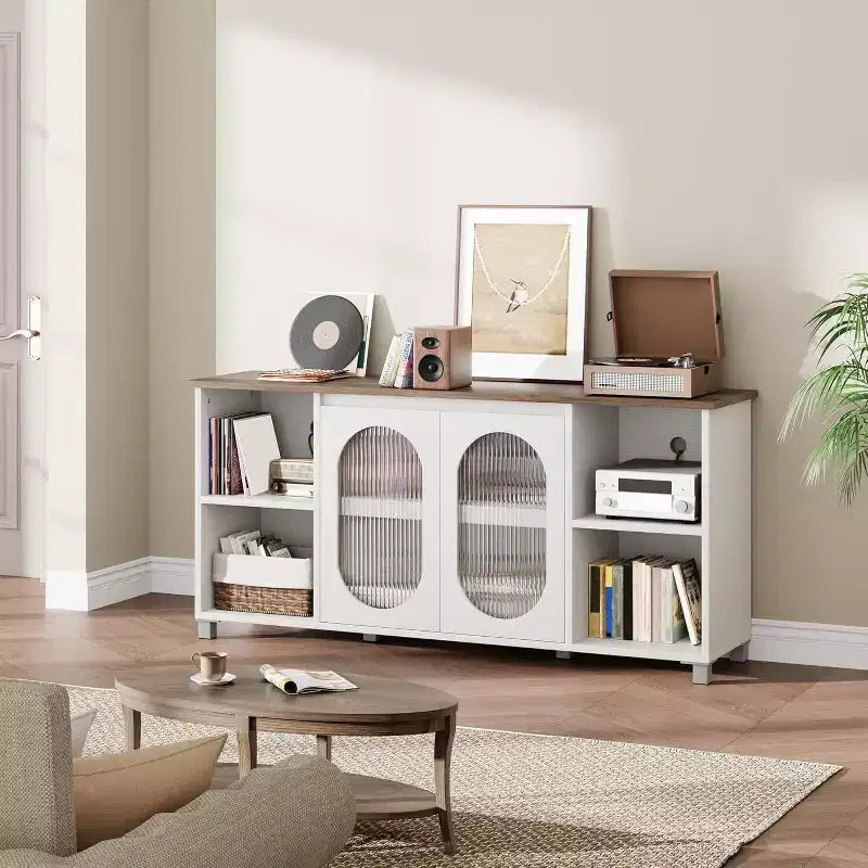 Mobile Porta TV Moderno per TV 70" – Consolle Multimediale Nera con Ante e Ripiani in Vetro
