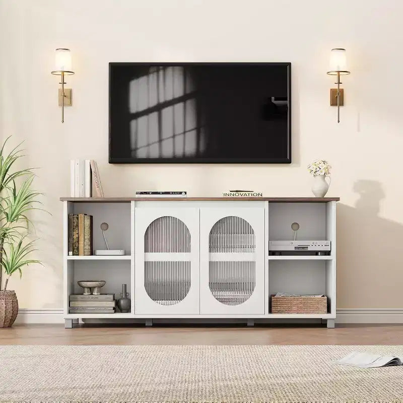 Mobile Porta TV Moderno per TV 70" – Consolle Multimediale Nera con Ante e Ripiani in Vetro