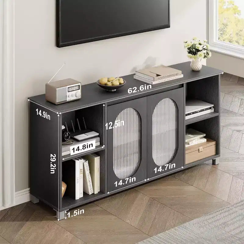 Mobile Porta TV Moderno per TV 70" – Consolle Multimediale Nera con Ante e Ripiani in Vetro