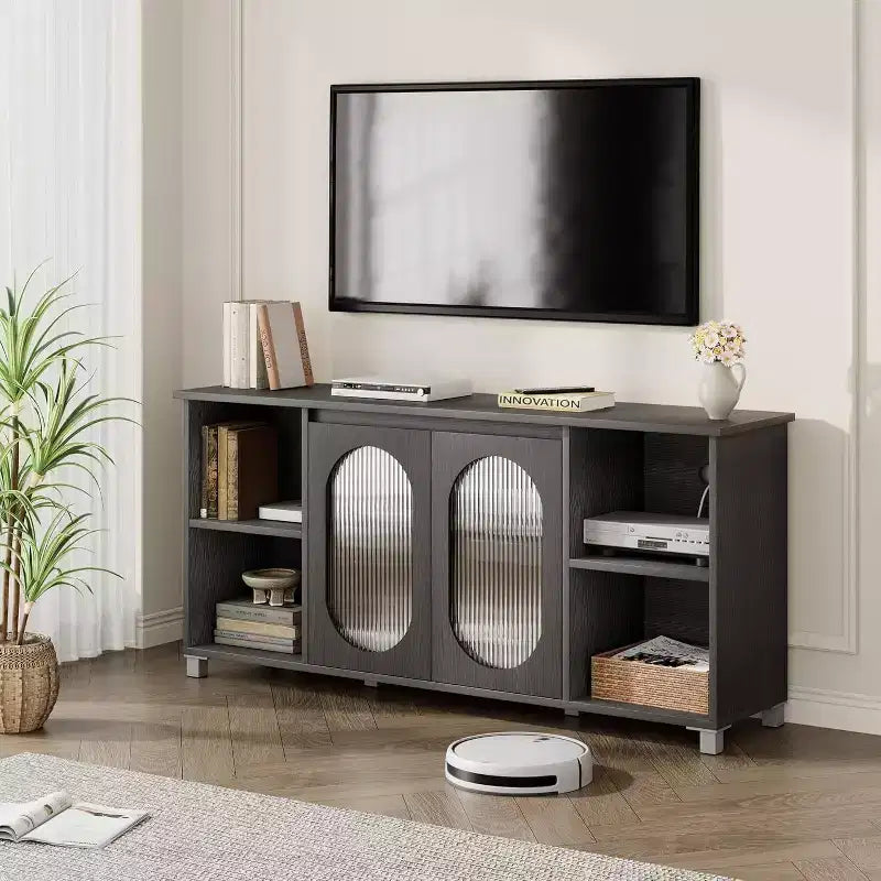 Mobile Porta TV Moderno per TV 70" – Consolle Multimediale Nera con Ante e Ripiani in Vetro