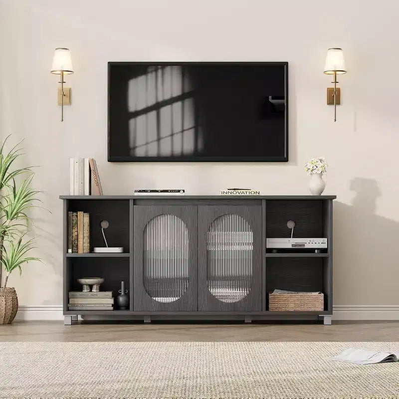 Mobile Porta TV Moderno per TV 70" – Consolle Multimediale Nera con Ante e Ripiani in Vetro