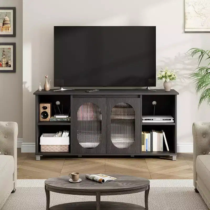 Mobile Porta TV Moderno per TV 70" – Consolle Multimediale Nera con Ante e Ripiani in Vetro