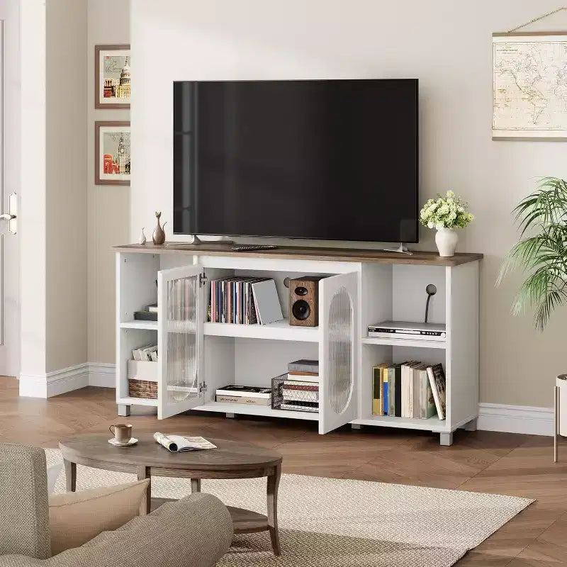 Mobile Porta TV Moderno per TV 70" – Consolle Multimediale Nera con Ante e Ripiani in Vetro