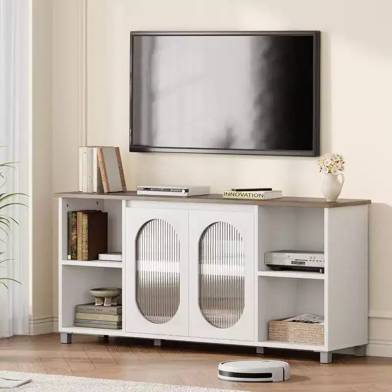 Mobile Porta TV Moderno per TV 70" – Consolle Multimediale Nera con Ante e Ripiani in Vetro