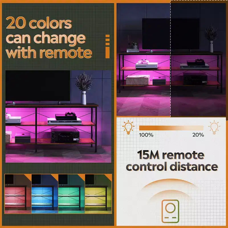 Mobile TV industriale per televisori da 65-70" con luci LED e spazio contenitivo – Greige