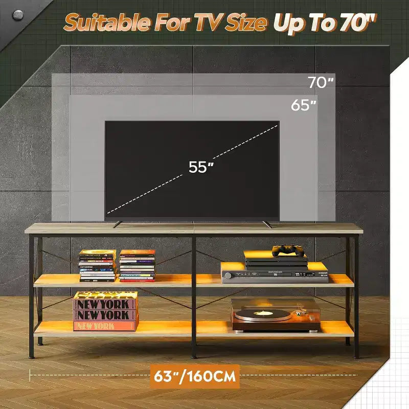 Mobile TV industriale per televisori da 65-70" con luci LED e spazio contenitivo – Greige