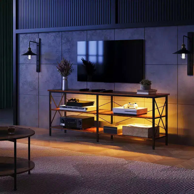 Mobile TV industriale per televisori da 65-70" con luci LED e spazio contenitivo – Greige