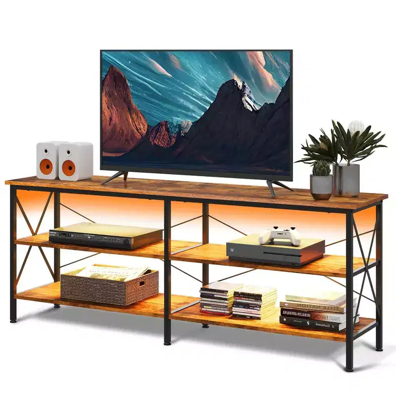 Mobile TV industriale per televisori da 65-70" con luci LED e spazio contenitivo – Greige