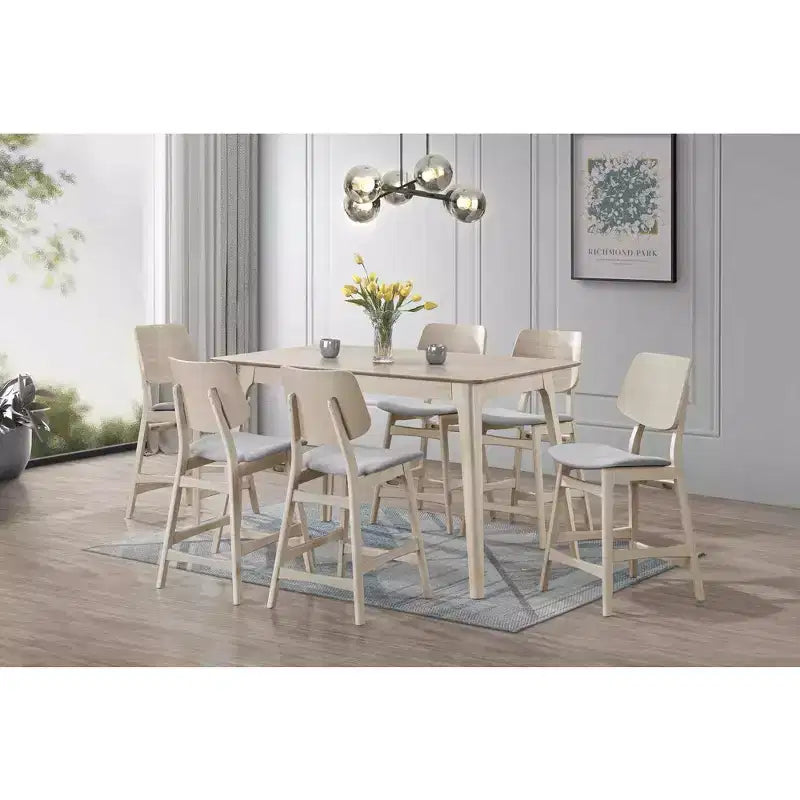 Tavolo da pranzo Mid-Century Modern in legno, altezza bancone – Frassino Bianco, 6 posti a sedere