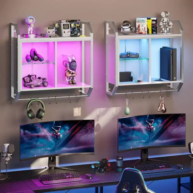 Mensole flottanti da parete a LED con ripiani in vetro regolabili – Scaffale per gaming ed esposizione