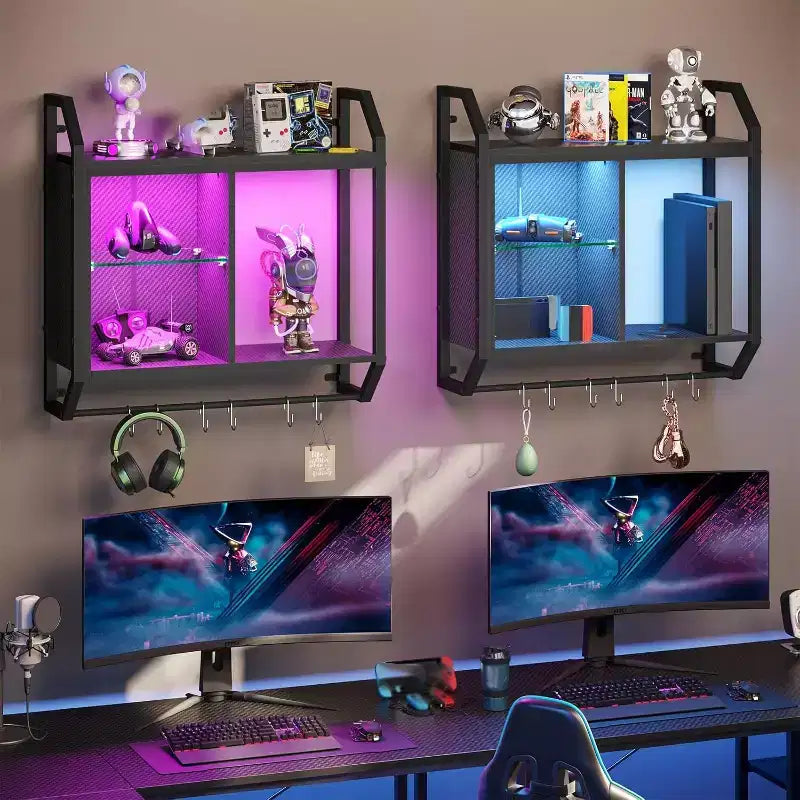 Mensole flottanti da parete a LED con ripiani in vetro regolabili – Scaffale per gaming ed esposizione