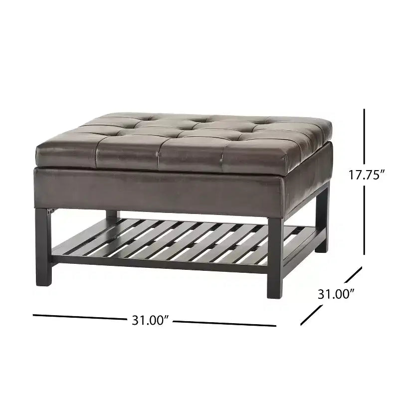Pouf Contenitore Quadrato da 79 cm in Ecopelle Trapuntata con Ripiano – Marrone