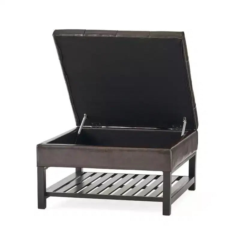 Pouf Contenitore Quadrato da 79 cm in Ecopelle Trapuntata con Ripiano – Marrone