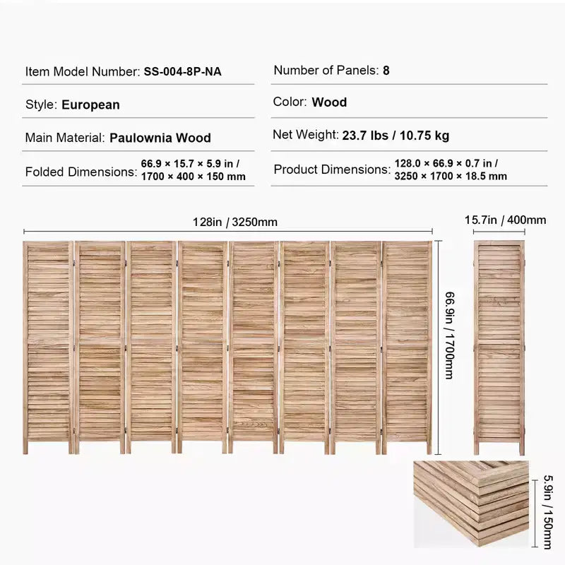 Divisorio pieghevole in legno a 8 pannelli – Paravento a persiana alto 170 cm