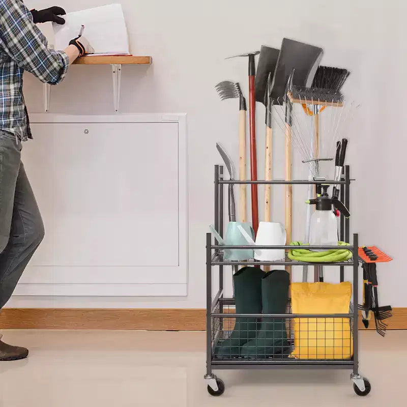 Organizzatore per attrezzi da giardino con 16 scomparti e ganci – Porta attrezzi da giardino a torre con ruote