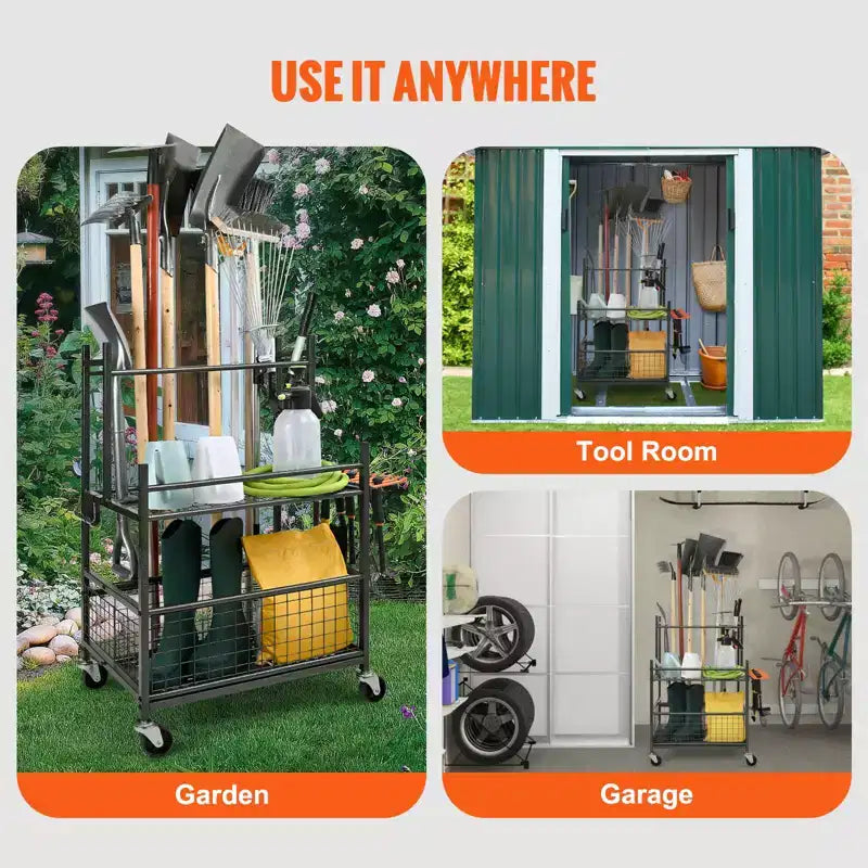 Organizzatore per attrezzi da giardino con 16 scomparti e ganci – Porta attrezzi da giardino a torre con ruote