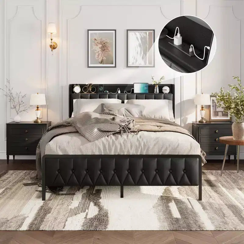 Struttura letto matrimoniale, testiera con bottoni e stazione di ricarica, struttura letto matrimoniale a piattaforma interamente in metallo con contenitore, non è richiesta la rete, nero