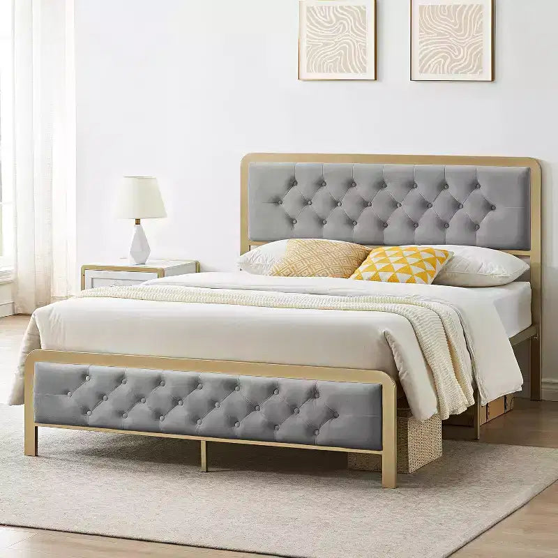 Golden Full Upholstered Bed Frame w/Button Tufted Headboard - Heavy Duty Metal, 12.6 Storage, No Box Spring Needed, Easy Assembly (Grey)
