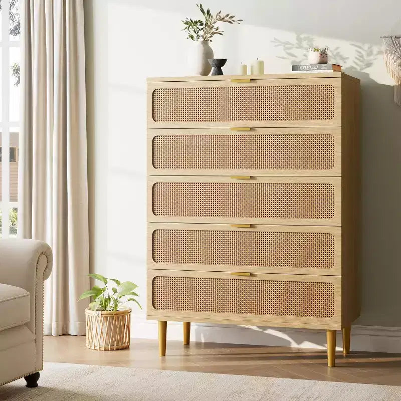 Cassettiera alta a 5 cassetti in rattan, cassettone con spazio profondo, armadietto in legno da pavimento per camera da letto, ripostiglio, soggiorno