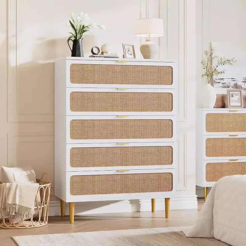 Cassettiera alta a 5 cassetti in rattan, cassettone con spazio profondo, armadietto in legno da pavimento per camera da letto, ripostiglio, soggiorno