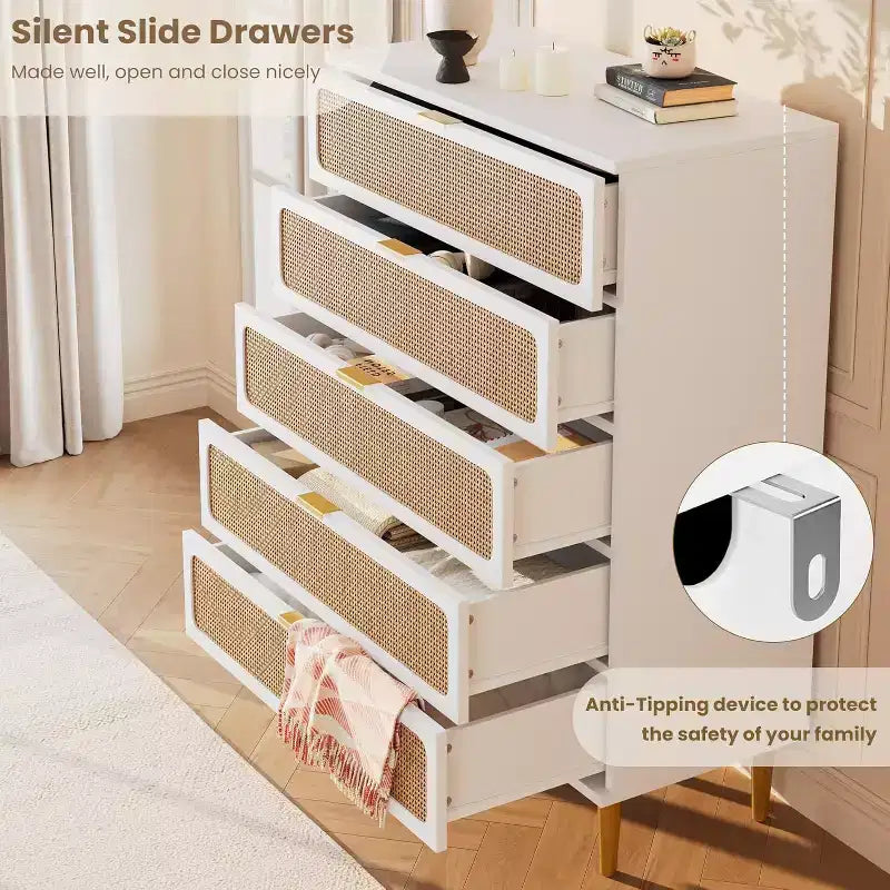 Cassettiera alta a 5 cassetti in rattan, cassettone con spazio profondo, armadietto in legno da pavimento per camera da letto, ripostiglio, soggiorno