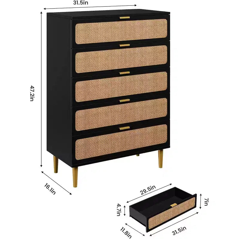 Cassettiera alta a 5 cassetti in rattan, cassettone con spazio profondo, armadietto in legno da pavimento per camera da letto, ripostiglio, soggiorno