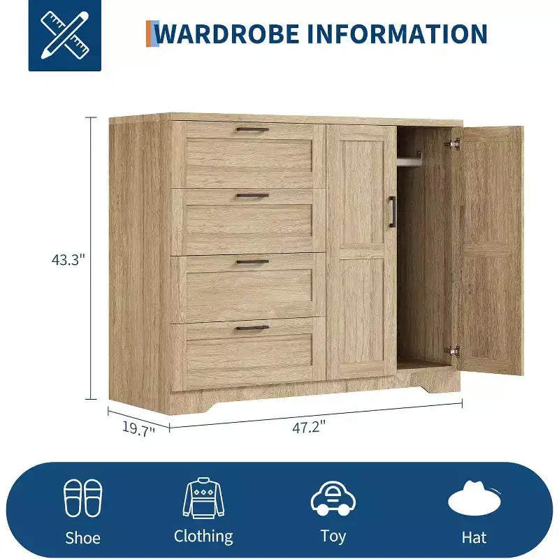 Armadio a 2 ante con 4 cassetti e asta appendiabiti