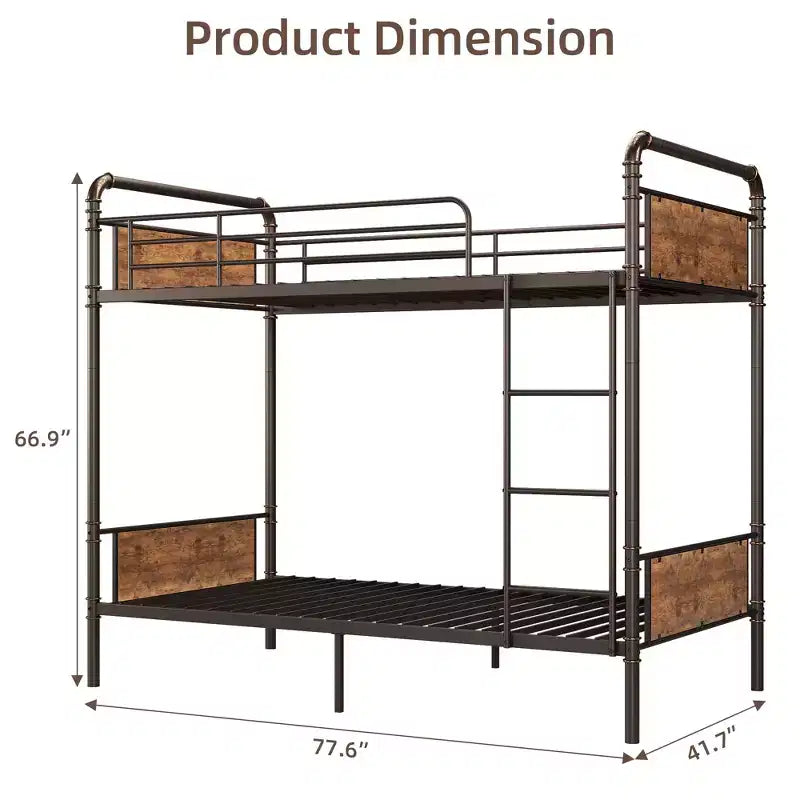 Letto a Castello in Metallo Twin Over Twin con Scale e Sponda di Sicurezza da 16,6", Letti a Castello Twin per Bambini, Adulti e Piccoli Spazi, Non Richiede Rete a Molle