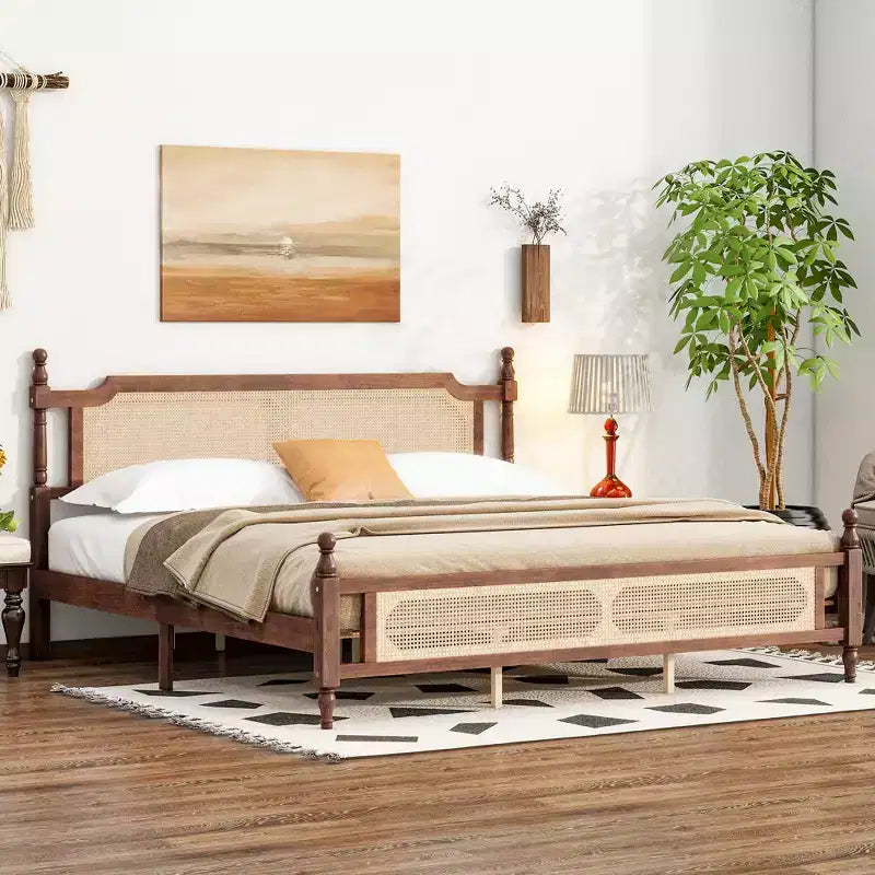 Struttura Letto in Legno di Pino King Size con Testiera e Pediera in Rattan – Marrone
