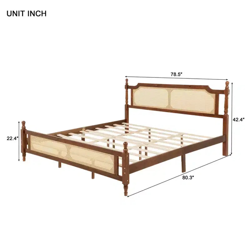 Struttura Letto in Legno di Pino King Size con Testiera e Pediera in Rattan – Marrone