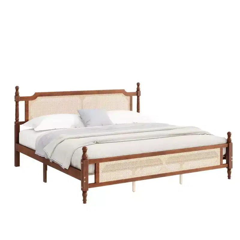 Struttura Letto in Legno di Pino King Size con Testiera e Pediera in Rattan – Marrone