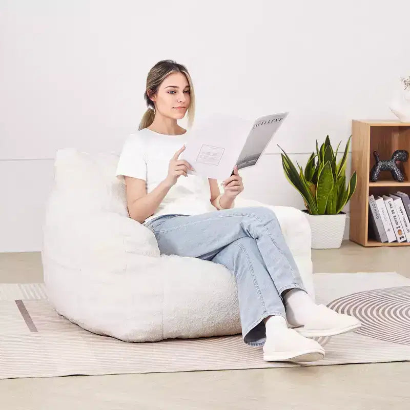 Pouf a Sacco con Memory Foam da 90 cm con Morbidi Braccioli e Tasca Portaoggetti – Velluto Teddy Bianco