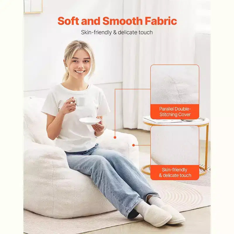 Pouf a Sacco con Memory Foam da 90 cm con Morbidi Braccioli e Tasca Portaoggetti – Velluto Teddy Bianco