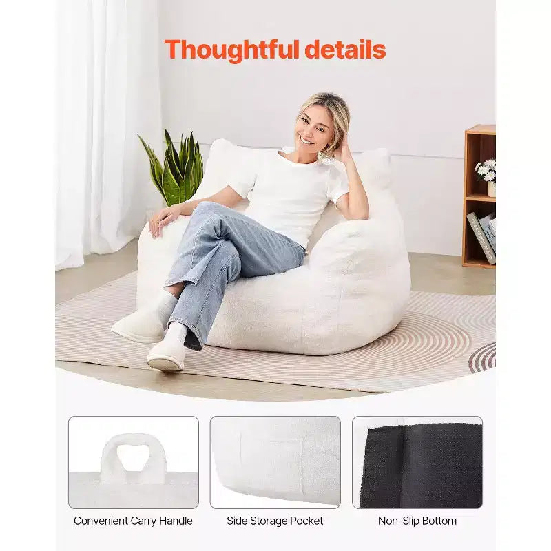 Pouf a Sacco con Memory Foam da 90 cm con Morbidi Braccioli e Tasca Portaoggetti – Velluto Teddy Bianco
