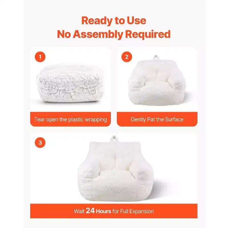 Pouf a Sacco con Memory Foam da 90 cm con Morbidi Braccioli e Tasca Portaoggetti – Velluto Teddy Bianco
