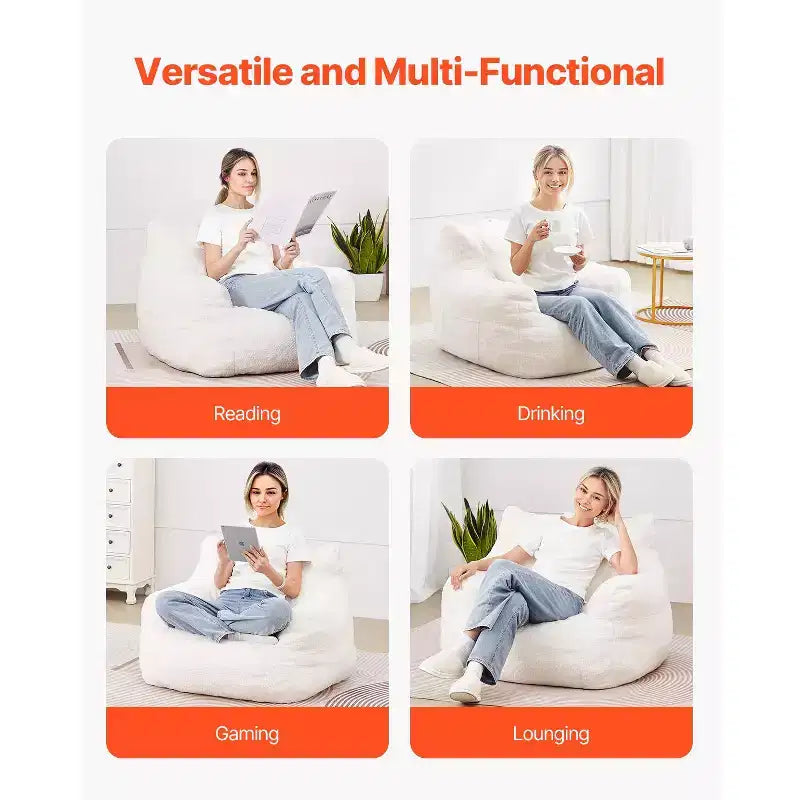 Pouf a Sacco con Memory Foam da 90 cm con Morbidi Braccioli e Tasca Portaoggetti – Velluto Teddy Bianco