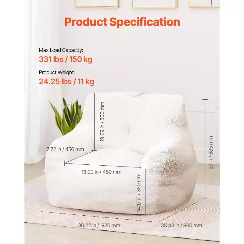 Pouf a Sacco con Memory Foam da 90 cm con Morbidi Braccioli e Tasca Portaoggetti – Velluto Teddy Bianco