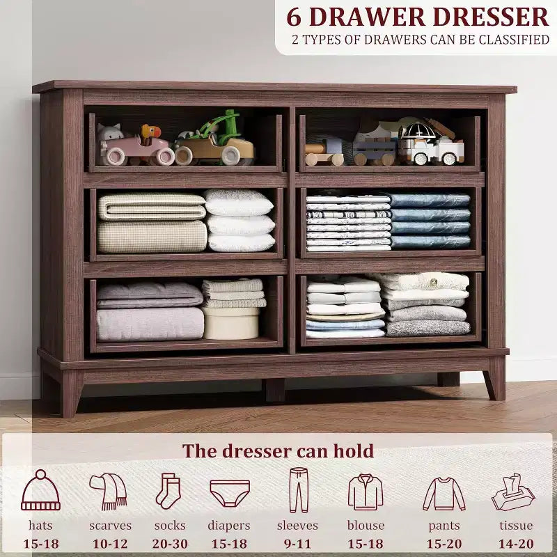 Cassettiera a 6 cassetti per camera da letto, Comò largo 120 cm in legno, Organizer moderno indipendente, Soggiorno, Ingresso