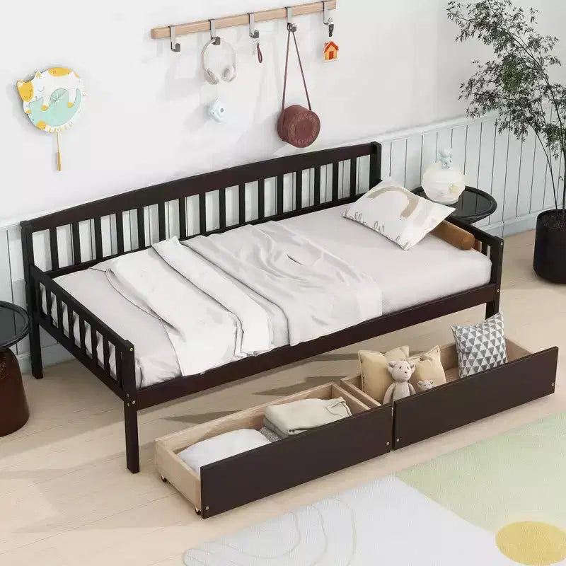 Letto a giorno in legno di pino con 2 cassetti portaoggetti e 10 doghe di supporto – Marrone