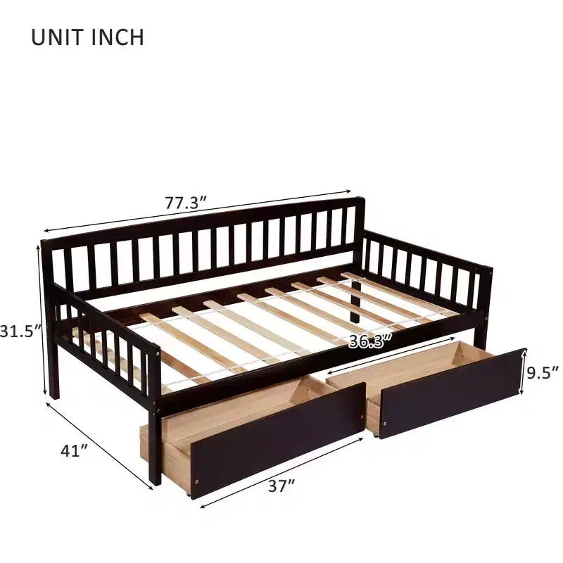 Letto a giorno in legno di pino con 2 cassetti portaoggetti e 10 doghe di supporto – Marrone