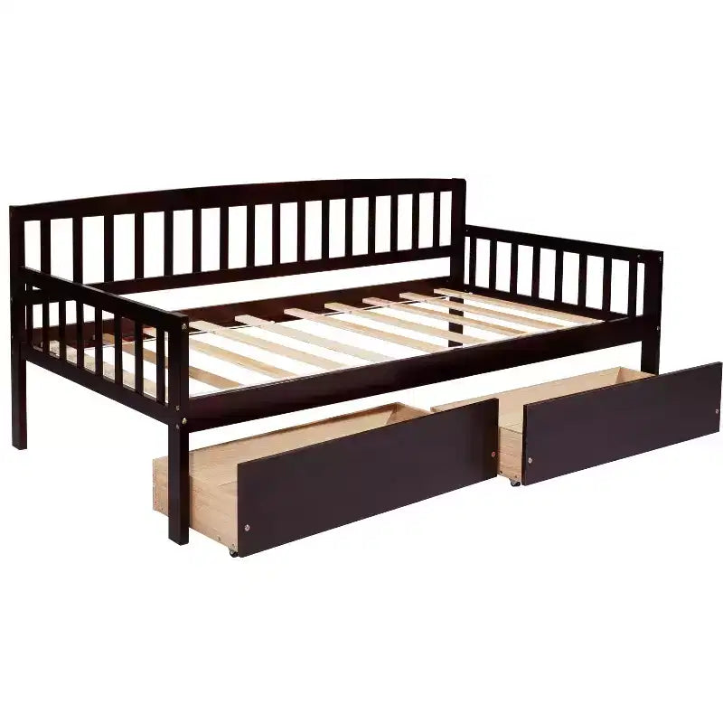 Letto a giorno in legno di pino con 2 cassetti portaoggetti e 10 doghe di supporto – Marrone