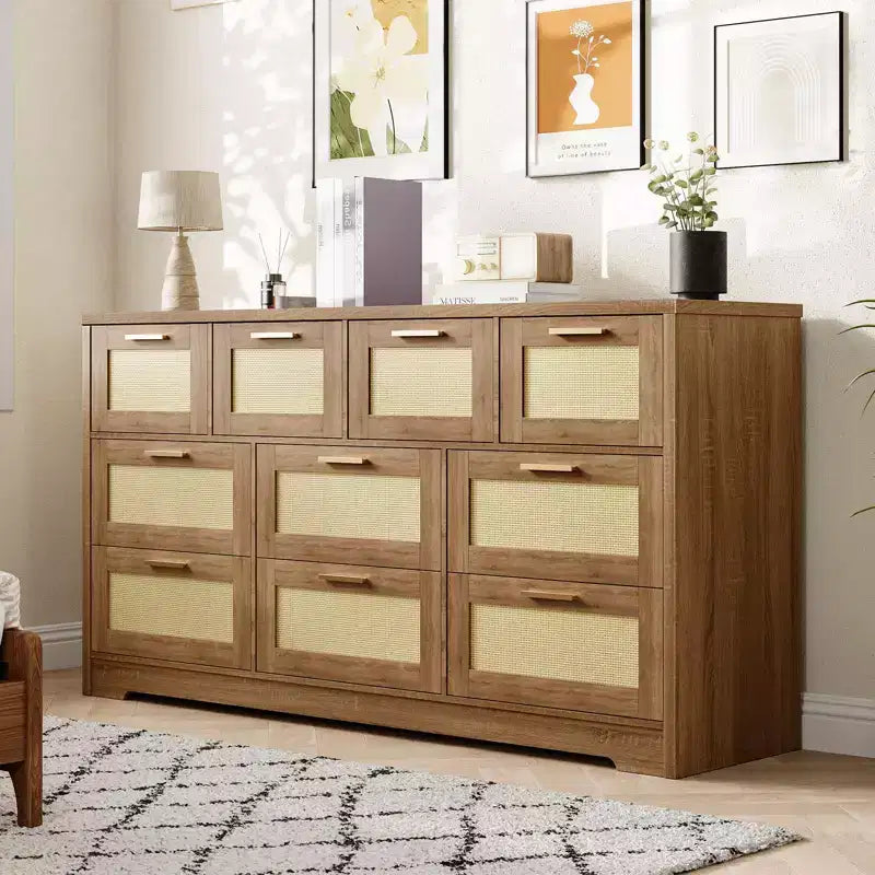 Comò a 10 cassetti per camera da letto, cassettiera coloniale in rattan con maniglie, mobile contenitore indipendente in legno per soggiorno, armadio, ingresso